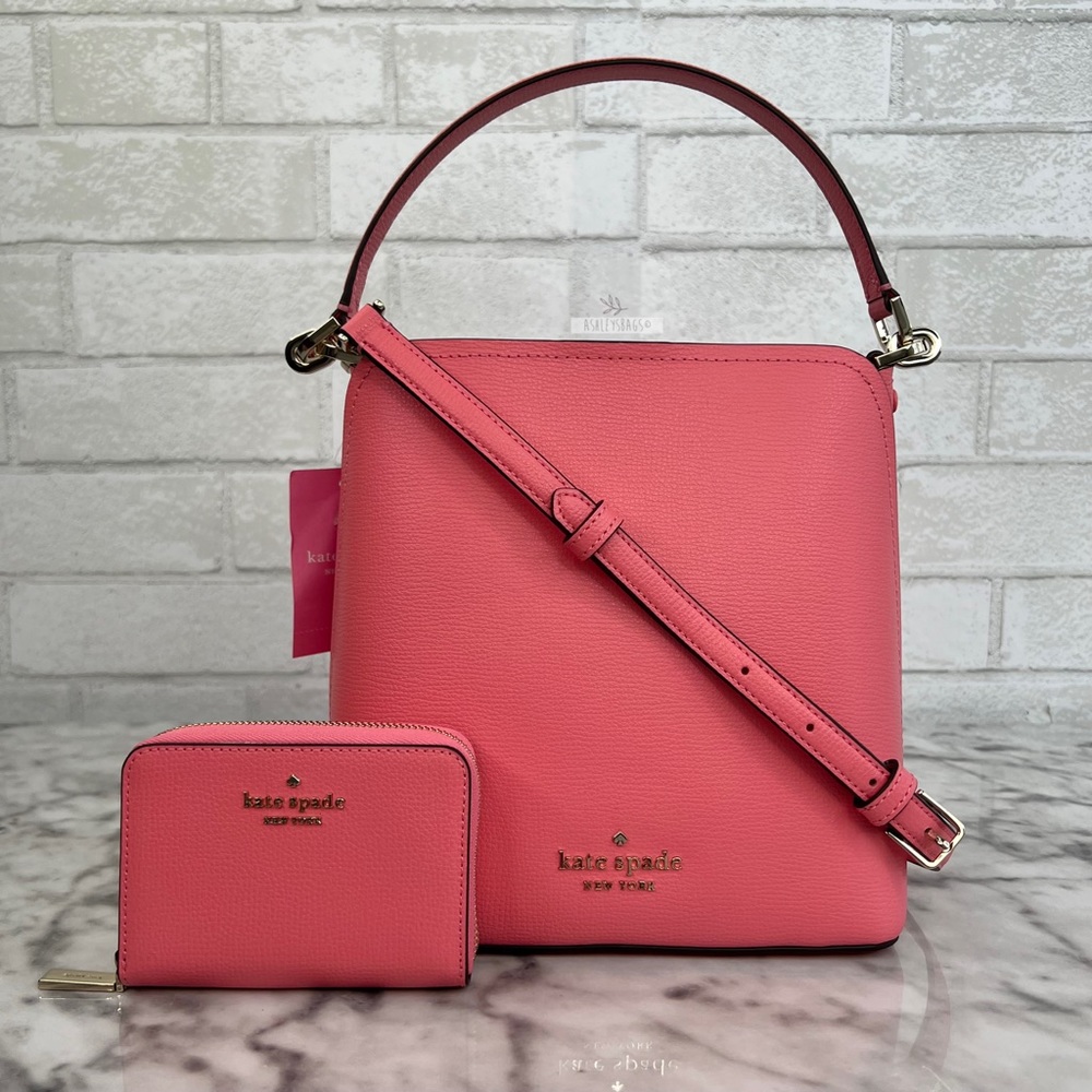 Kate Spade Darcy Bucket Bag & Small Zip Card Case Wallet In Peach Nectar Pink
